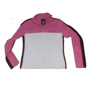 vintage 2000s ralph lauren pink white and black quarter zip sweater